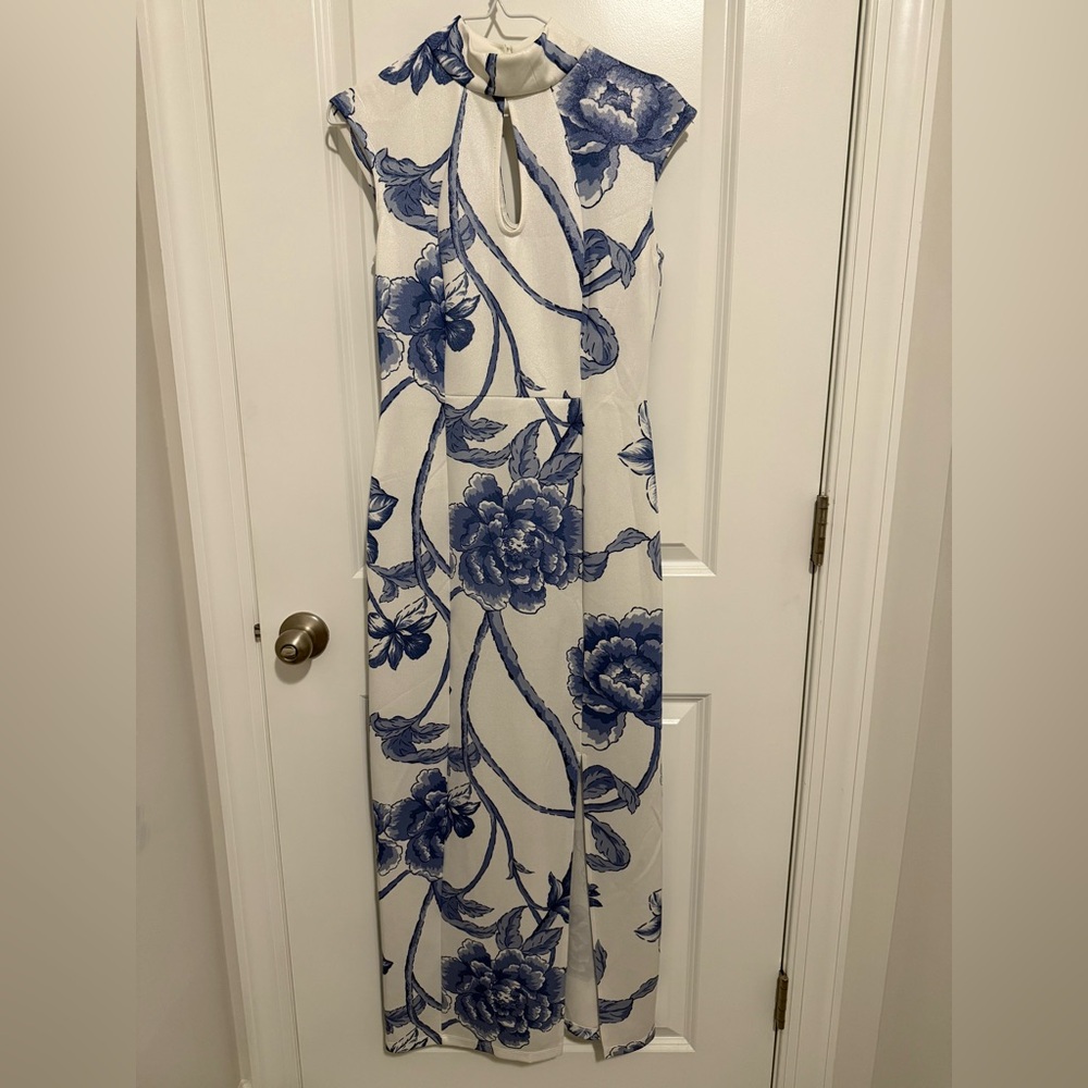 Enfocus Studio White Maxi Dress with Blue Floral Print